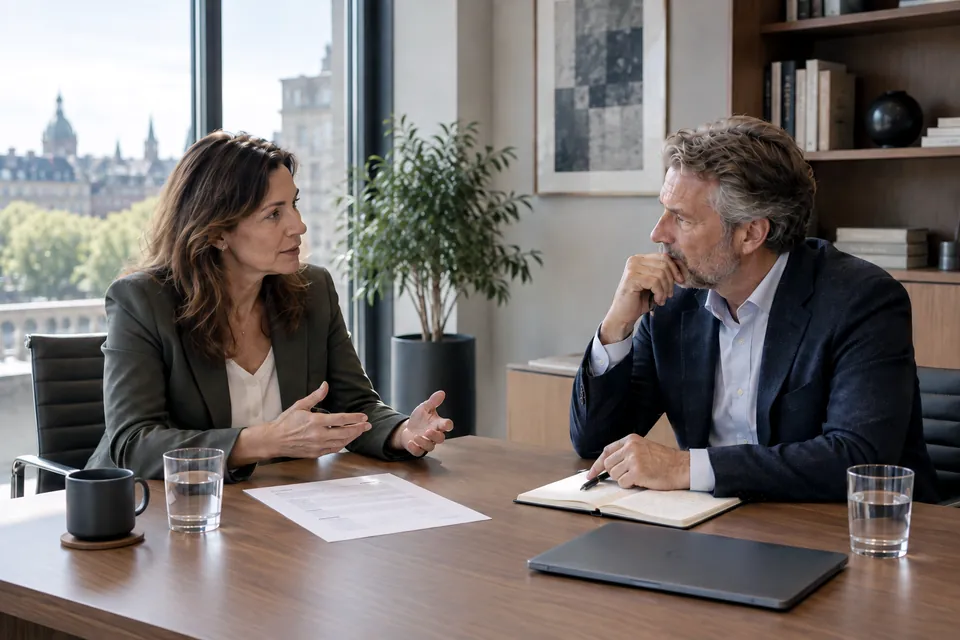 Two professionals discuss a working brief at a table beside large office windows.