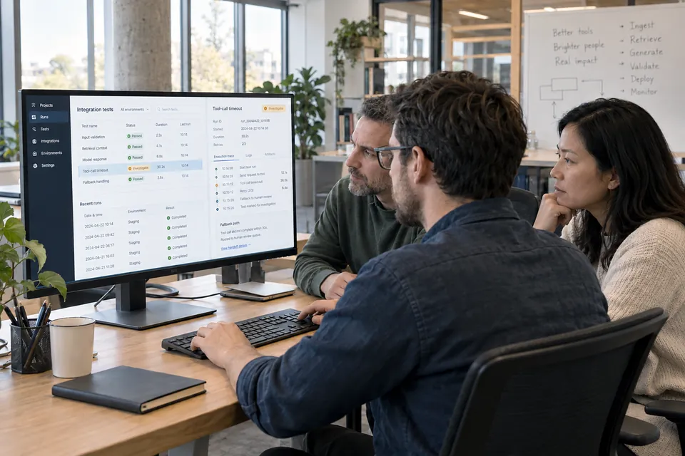 Illustrative technical working session: three colleagues investigate an AI integration test together at a shared workstation.