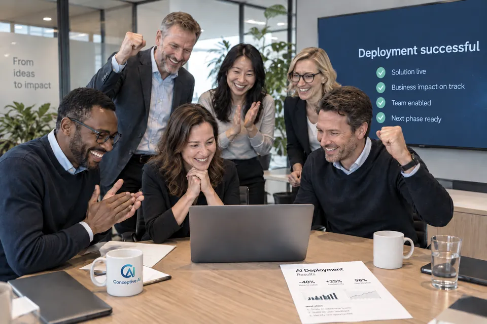 Illustrative scene of six colleagues celebrating a successful AI deployment around a shared workstation.