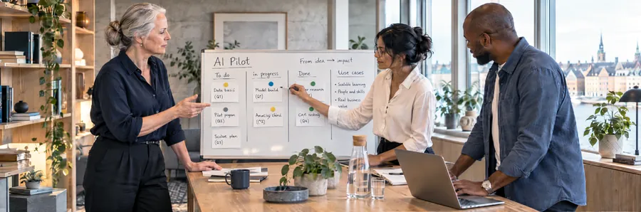 Illustrative workshop: colleagues work through an AI pilot board with tasks, owners and progress.