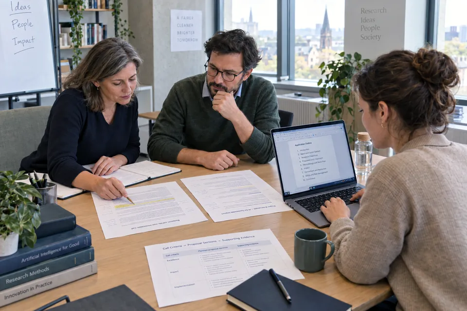 Three colleagues review a funding call and project notes beside a laptop displaying an application outline.