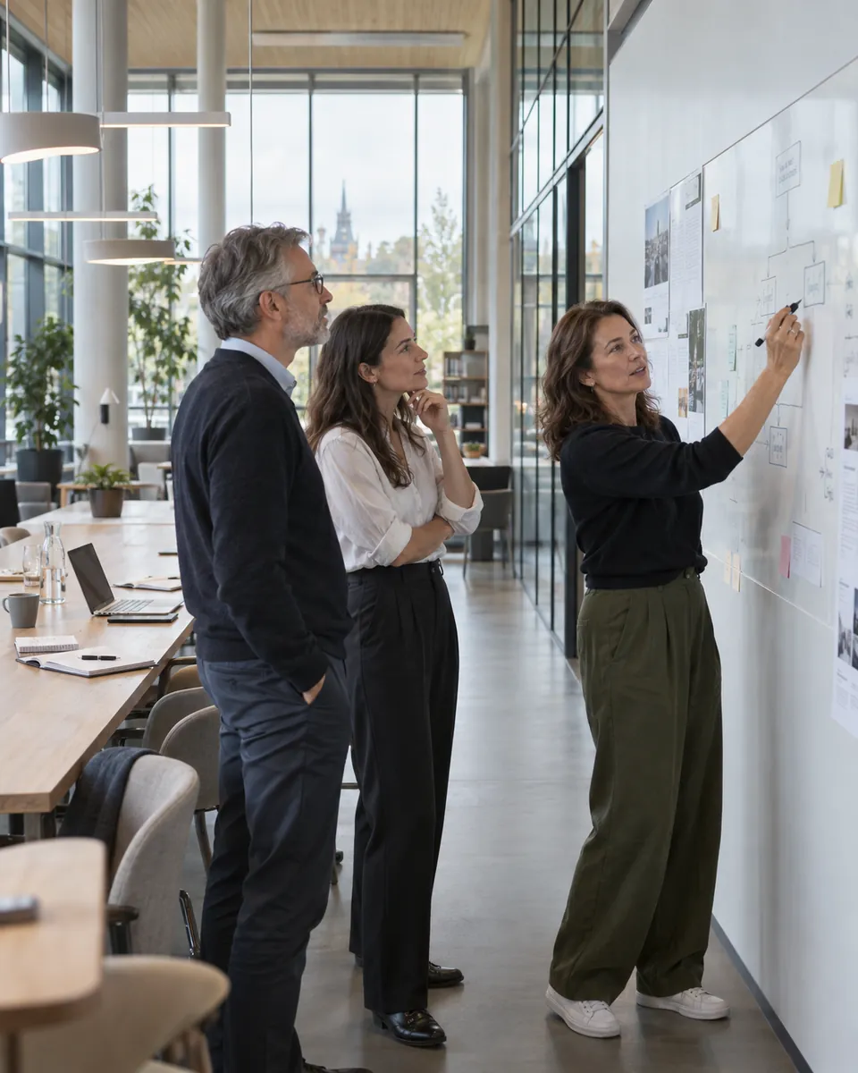 Illustrative working session: three colleagues map a decision and its responsibilities on a project-room wall.