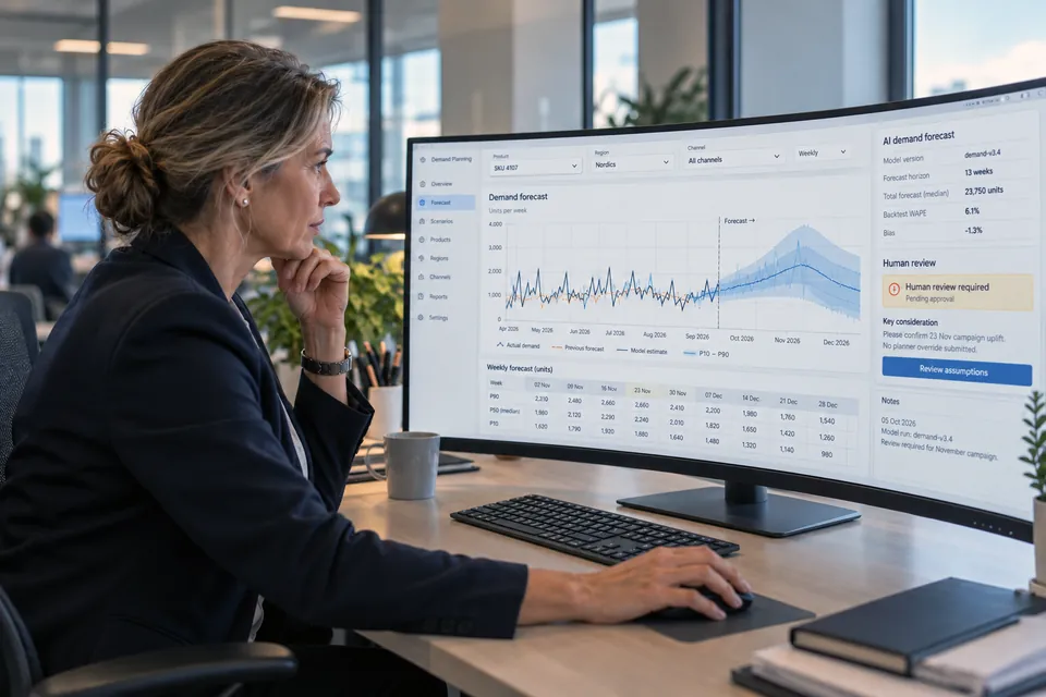 Illustrative human oversight: a planning lead examines a demand forecast flagged as requiring human review before approval.