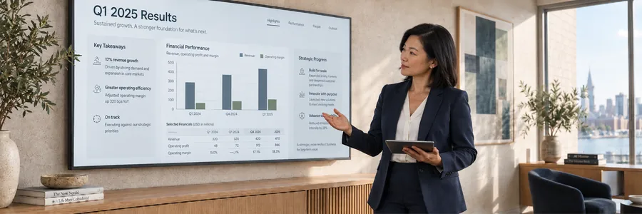 Illustrative results review: a business leader presents financial performance and strategic progress on a quarterly results dashboard.