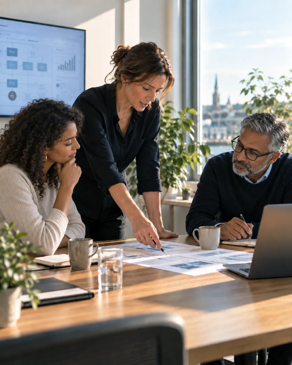 Illustrative working session: three colleagues discuss a strategy document at a table beside large office windows.
