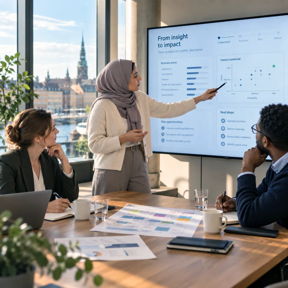 Illustrative strategy discussion: colleagues review business priorities and a value-versus-feasibility chart in an office overlooking a waterfront.