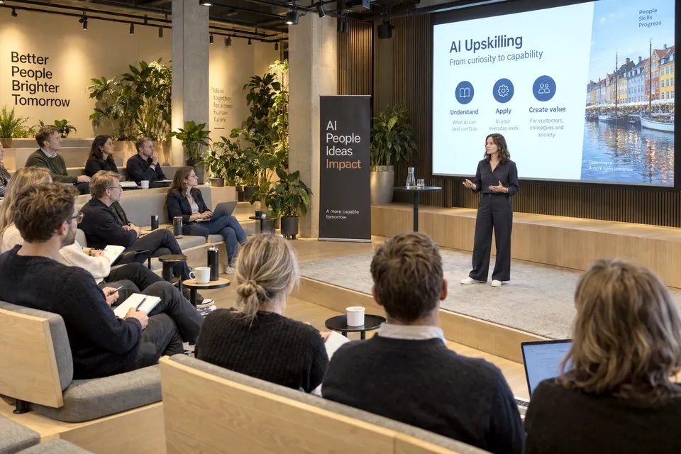 Professionals attend an AI learning session in a tiered timber auditorium.